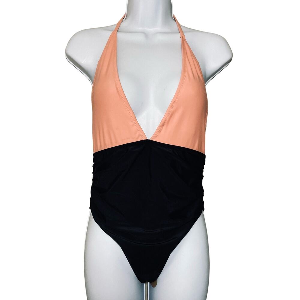 Women's Halter Deep Plunge V-Neckline Colorblock Open Back One Piece Swimsuit S
